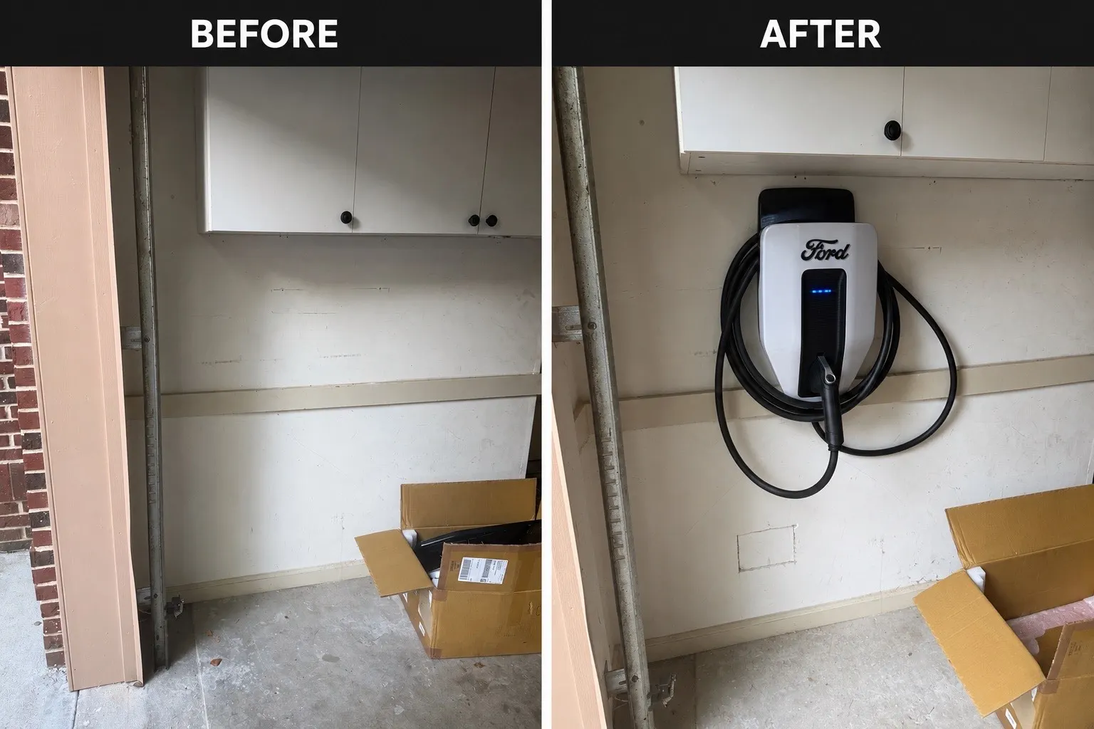 Wall-mounted Level 2 EV charger in a garage, shown before and after installation in Dallas, Georgia